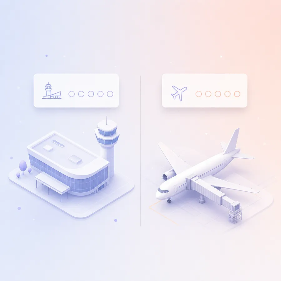 An airport terminal and a parked aircraft, each with its own separate rating card above it