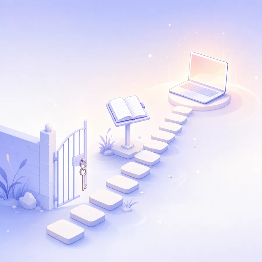 A path of stepping stones leading past a small gate, a key and an open training book
