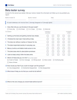 First page of the beta tester questionnaire PDF