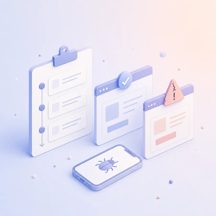 A bug report card with three step rows beside two screen panels, one showing a check mark and one a warning shape