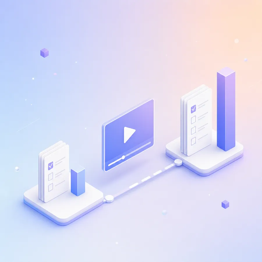 A video player between two survey checkpoints on a timeline, with a taller stack of ticked cards after the ad than before it