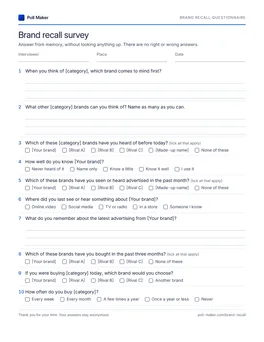 First page of the brand recall questionnaire PDF