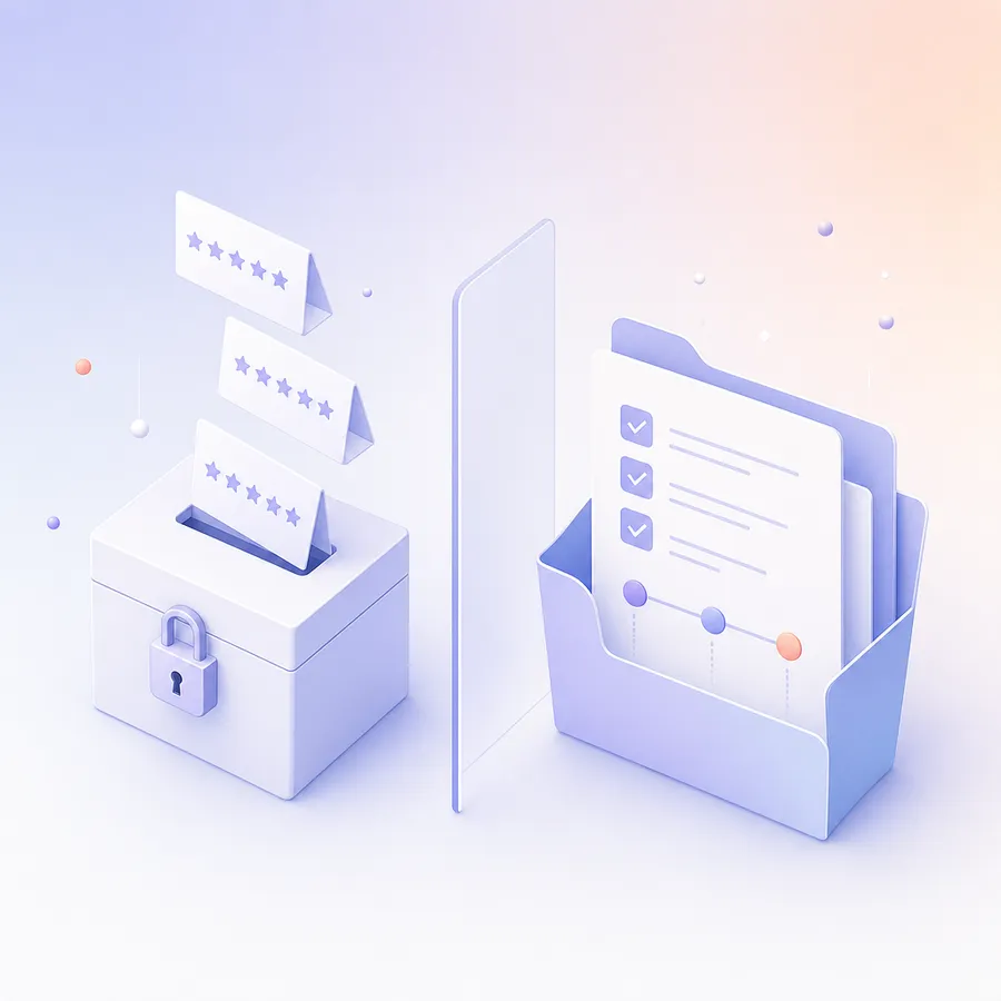 An anonymous survey box with a padlock on one side of a divider and an open development plan folder with a short timeline on the other