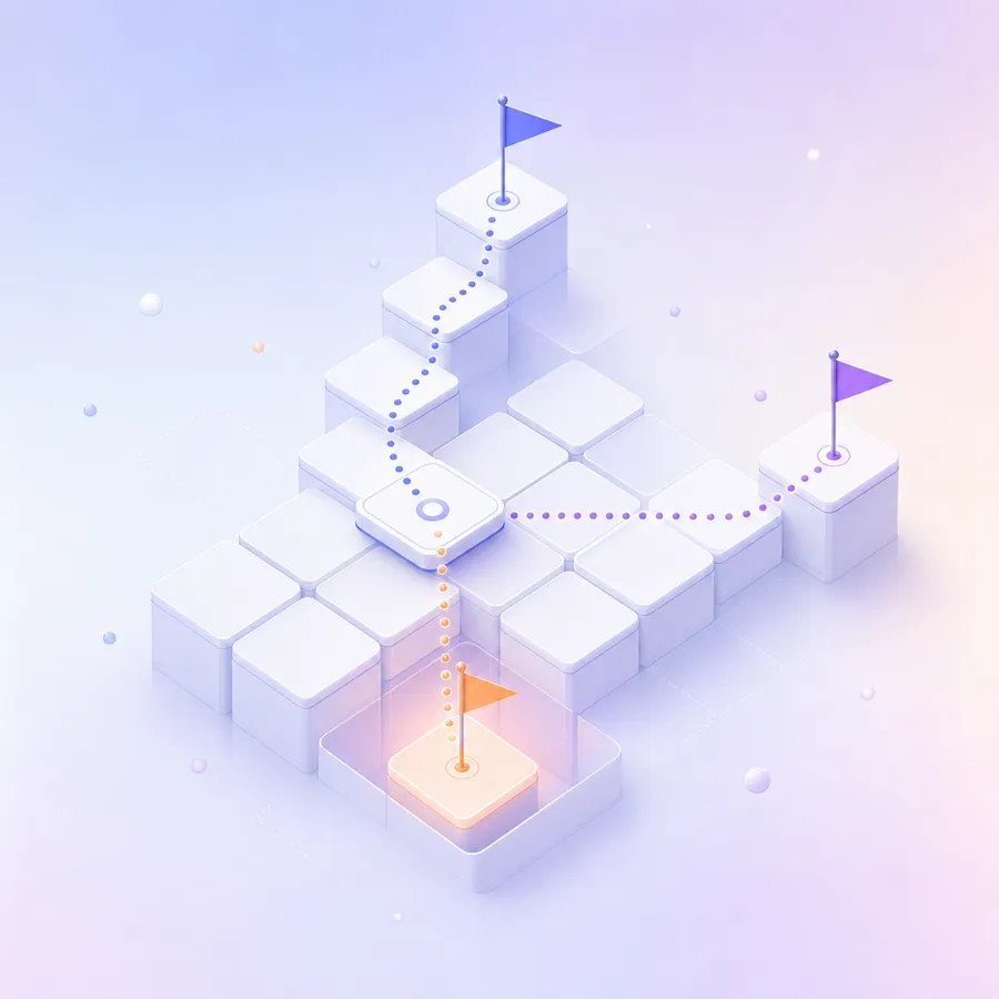 A career lattice with three paths leaving one platform: one climbing up, one crossing sideways and one going deeper, each ending at a small flag