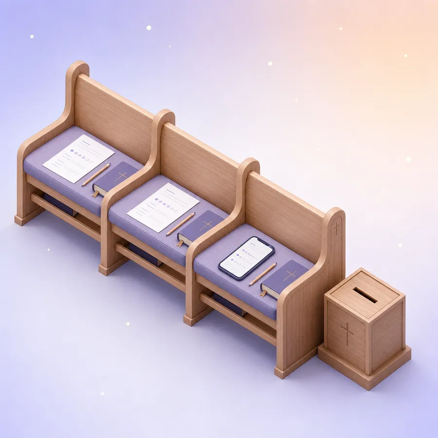 Printed survey sheets, short pencils and a phone on church pews beside hymn books, with a wooden box for finished sheets