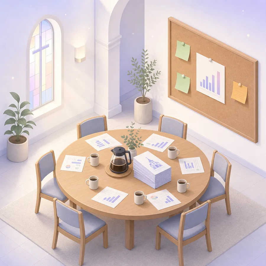 Survey result sheets with simple bar charts on a meeting table in a church hall, beside a noticeboard with sticky notes