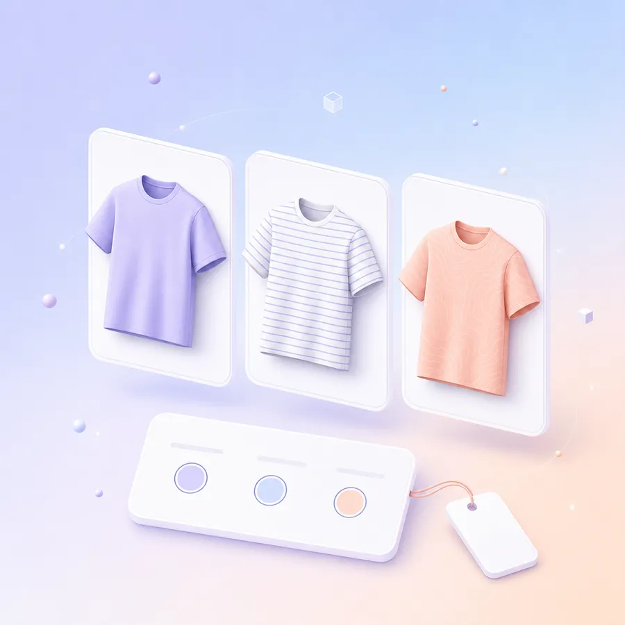 Three T-shirt designs on cards side by side, with a price tag and a survey card with choice circles