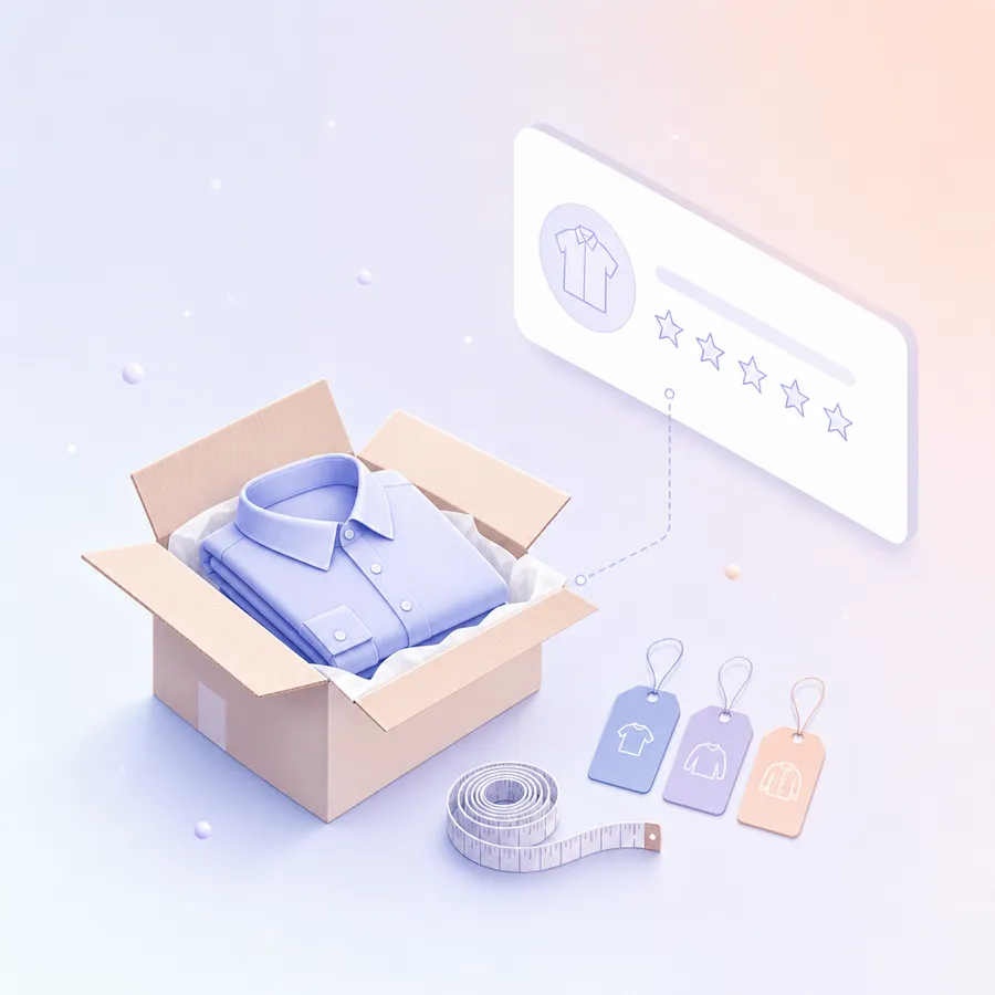 A folded shirt, a tape measure and size tags beside an opened delivery box, linked to a rating card