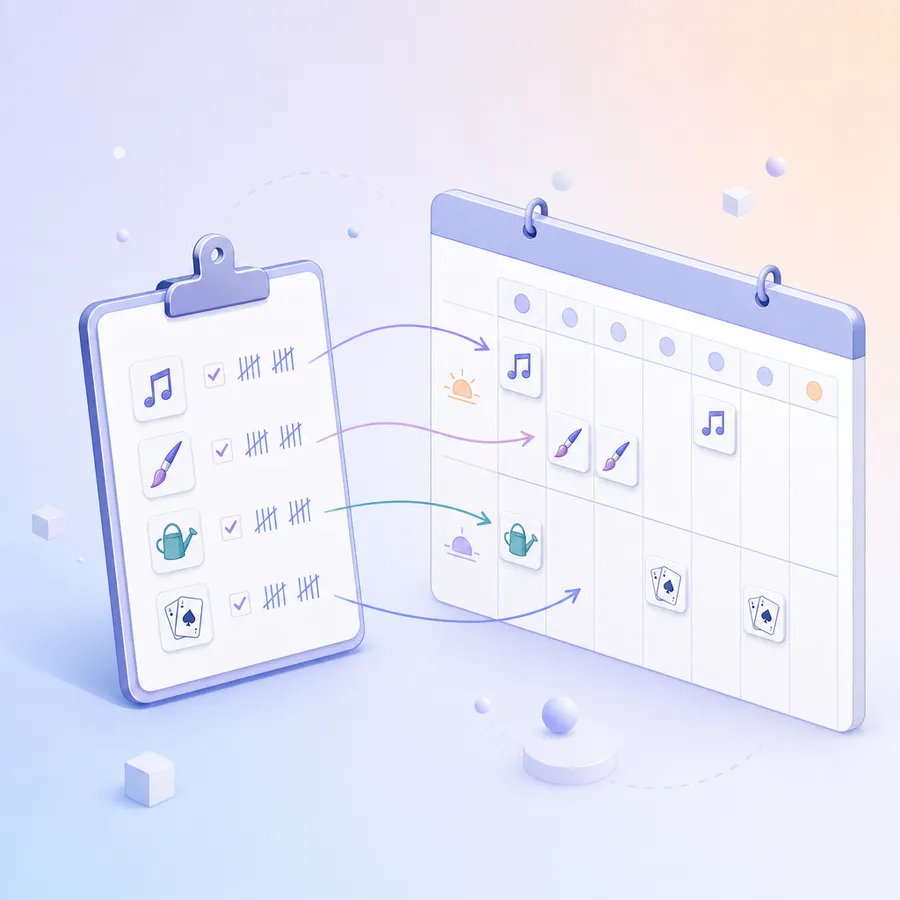 A tick-box survey sheet with tally marks beside activity icons, feeding the same icons into a weekly activity calendar