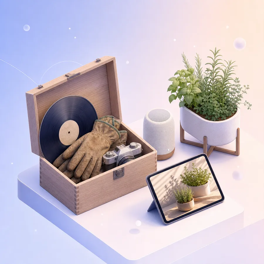 An open keepsake box of old hobby items beside present-day versions of the same hobbies