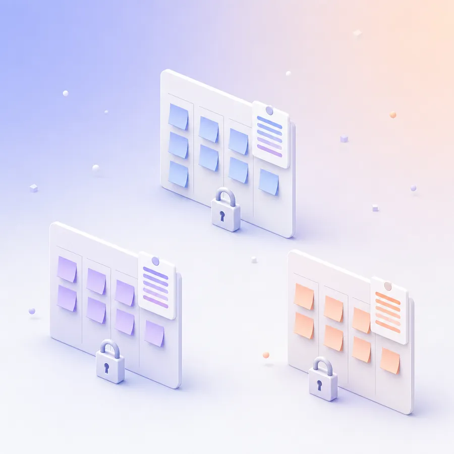 Three separate team boards with sticky-note columns, each with its own small results card and a padlock in front