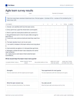 First page of the agile team results worksheet PDF
