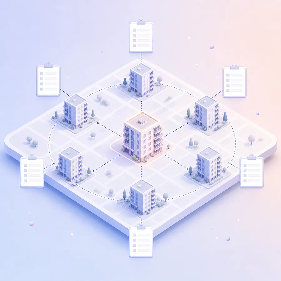 A neighbourhood map with one highlighted apartment building ringed by six similar buildings, each linked to a survey form