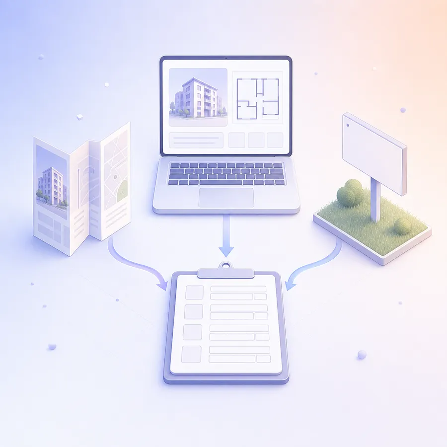 An apartment listing on a laptop, a folded brochure and a blank sign on a lawn, each feeding into one clipboard form