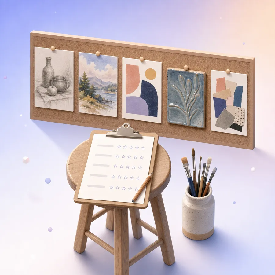Small paintings, drawings and a clay tile pinned in a row on a cork wall, with a clipboard survey and pencil on a stool below