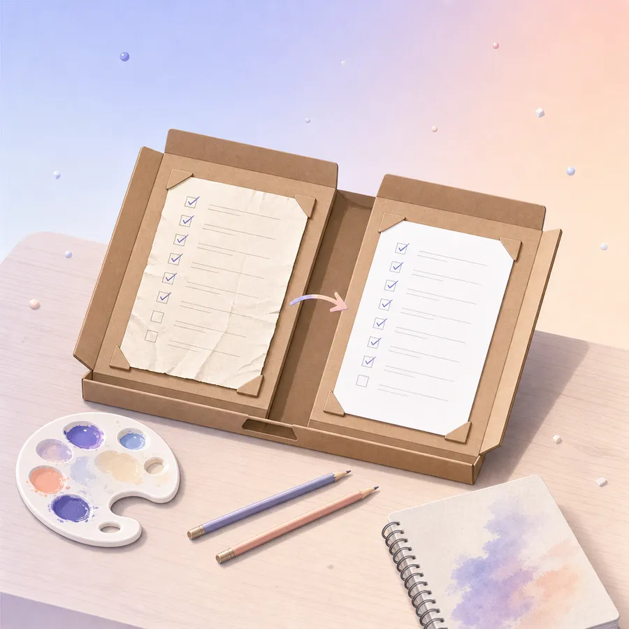 An open art portfolio holding a creased first-day survey sheet beside a fresh end-of-course sheet, with pencils and a paint palette