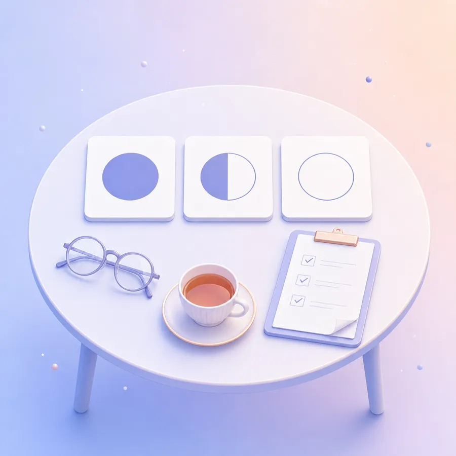 Three large answer cards marked with a full, a half and an empty circle on a small table beside reading glasses and a clipboard