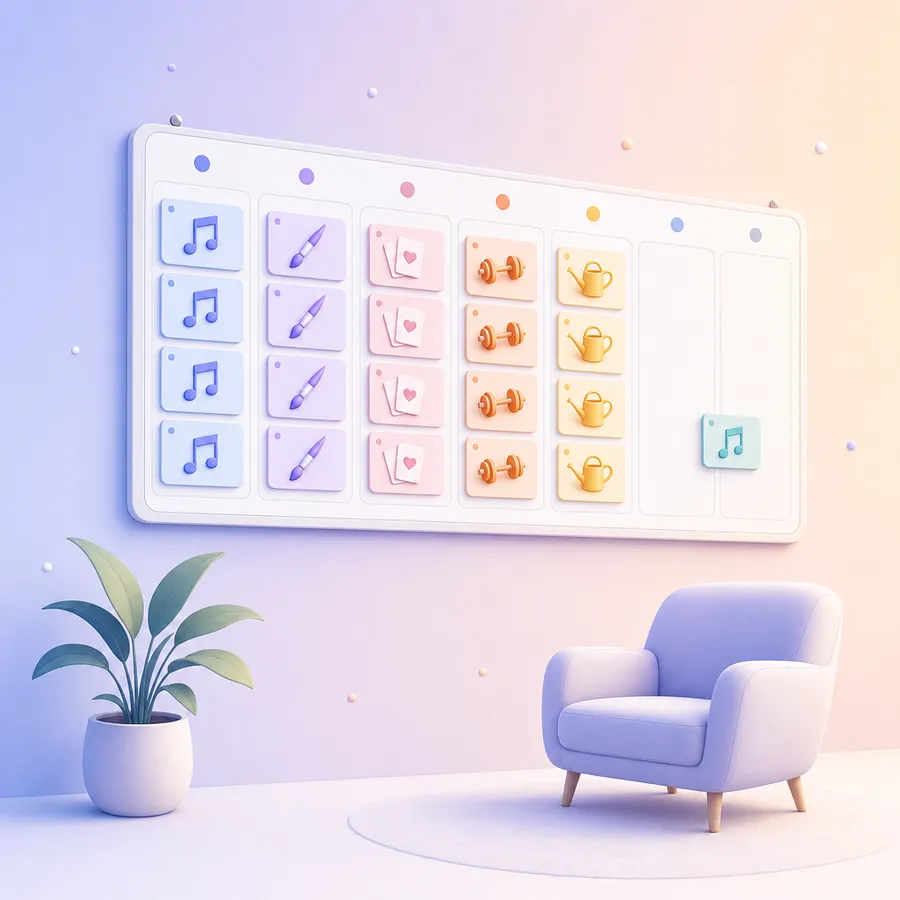 A weekly activity board with five weekday columns full of small activity icons and two nearly empty weekend columns