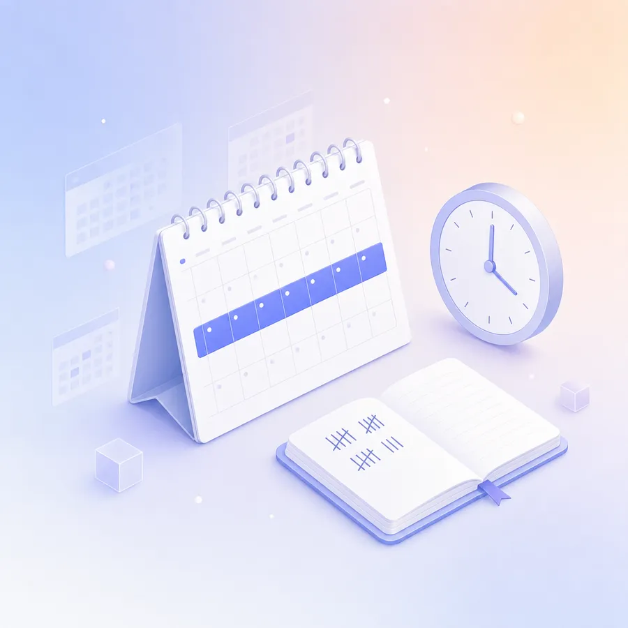 A desk calendar with one week highlighted, a notebook of tally marks and a wall clock