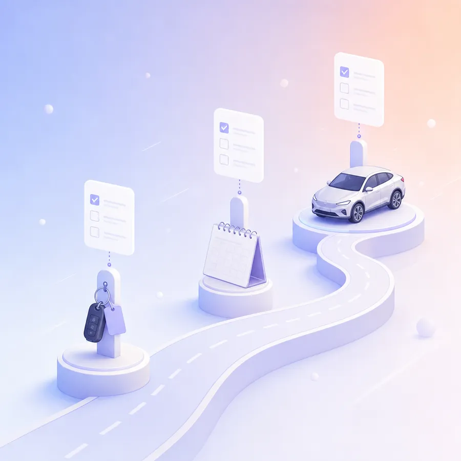 A road with three posts: a car key at handover, a calendar page at one year, and a new car on a platform further on, each with a survey card