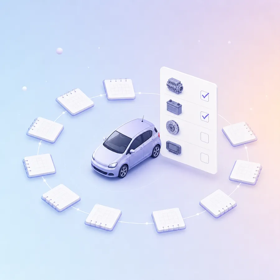 A small car inside a ring of twelve month tiles, beside a checklist card with two ticked trouble areas