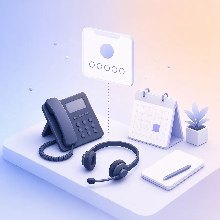 A headset beside a desk phone, a one-day calendar tile and a phone card with a five-point rating row