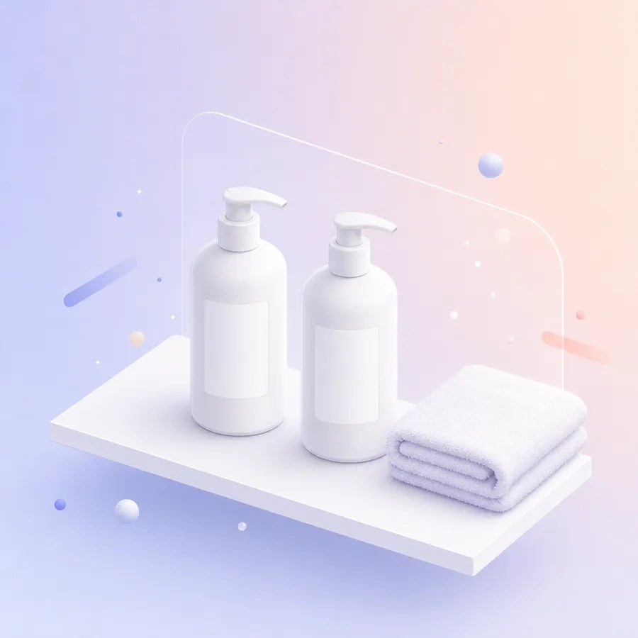 Two identical plain white pump bottles of lotion with blank code labels on a bathroom shelf