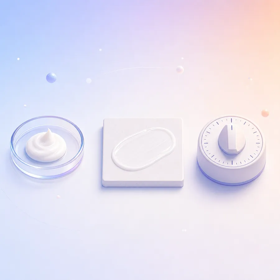 A dollop of white lotion in a glass dish, the same lotion spread thin on a tile, and a small timer