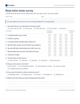 First page of the lotion tester questionnaire PDF