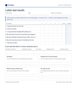 First page of the lotion results worksheet PDF