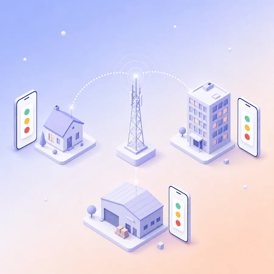 Signals from a central tower reach phones at a house, an office and a warehouse, each phone showing a check-in card with three round answer buttons