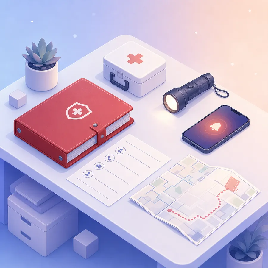A red emergency plan binder, a blank contact list, a phone lighting up with an alert, a flashlight, a first aid kit and a floor map with a dotted exit route, laid out on a desk