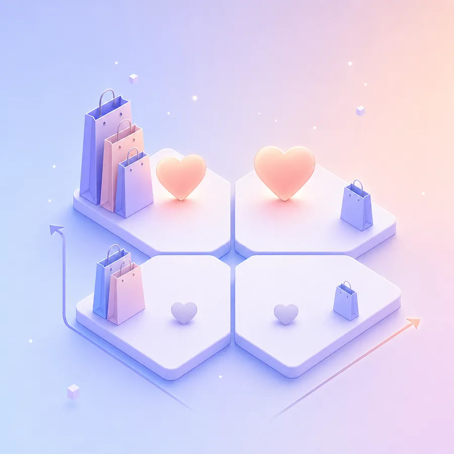 A two-by-two grid of tiles with large hearts on the top row and more shopping bags in the left column, showing four kinds of customer loyalty