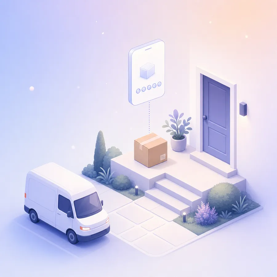 A parcel on a doorstep beside a delivery van, with a phone card showing a five-point rating row above it