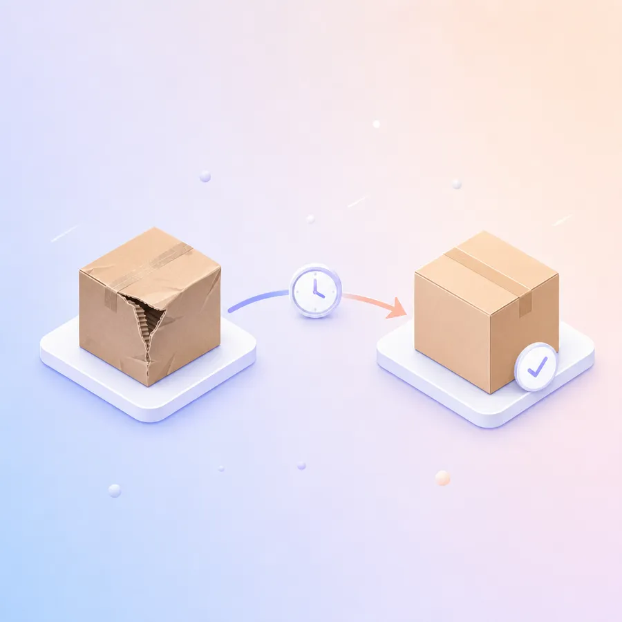 A dented parcel joined by a curved arrow to a fresh replacement parcel with a tick badge