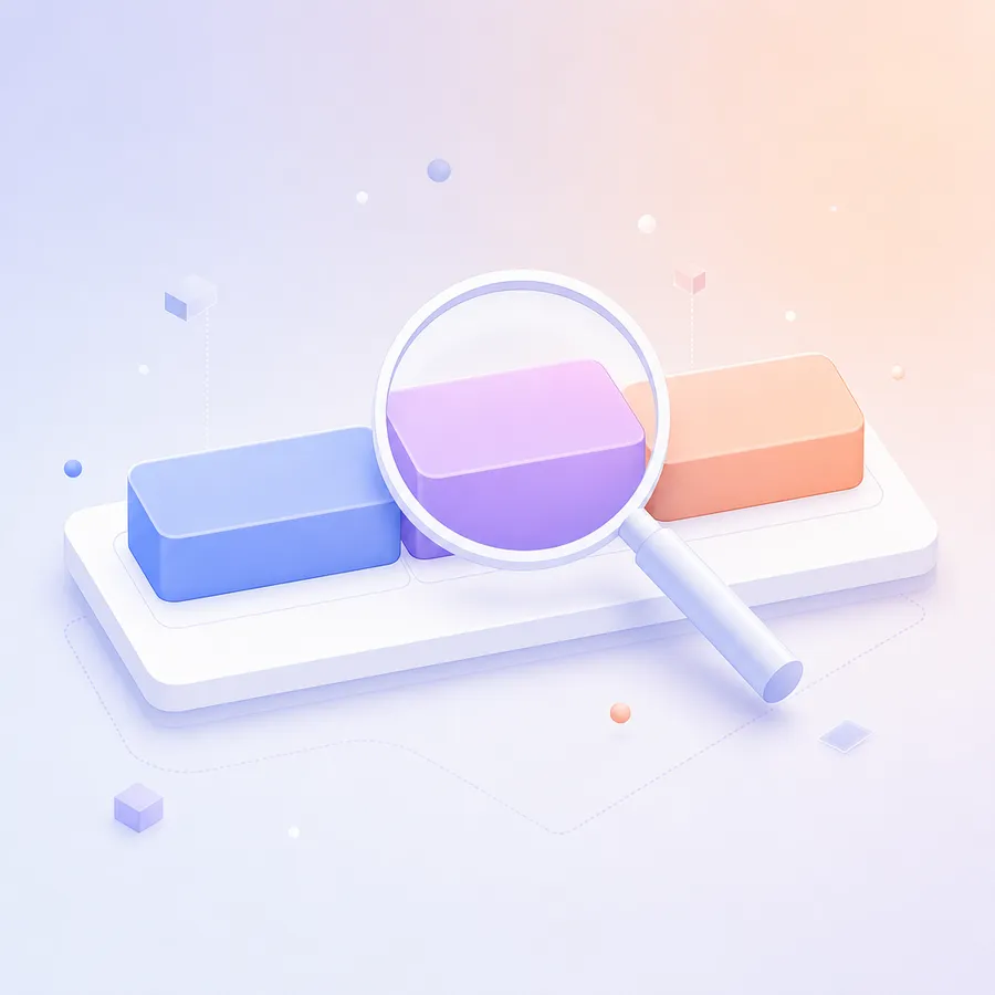 A stacked bar of blocks split into three coloured segments under a magnifying lens