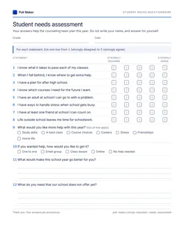 First page of the student needs questionnaire PDF