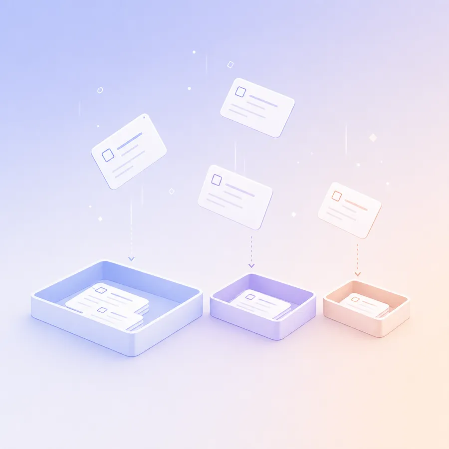 Survey cards sorted into three trays of different sizes: a wide tray, a medium tray and a small tray