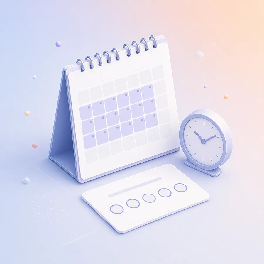 A wall calendar with a four-week block highlighted, a desk clock and a survey card with five rating circles