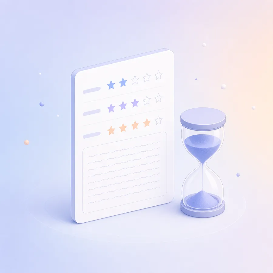 A short survey card with a few rating rows and a large answer box full of writing, beside an hourglass