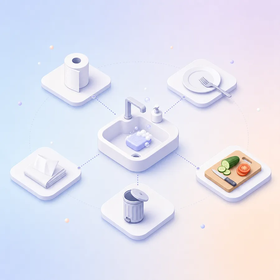 A washbasin with soap at the center, linked to five handwashing moments: toilet paper, a dinner plate, a cutting board, a tissue and a trash can