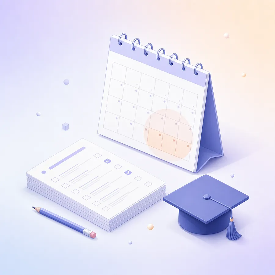A desk calendar with the last weeks of the month circled, a stack of tick-box survey sheets, a pencil and a graduation cap