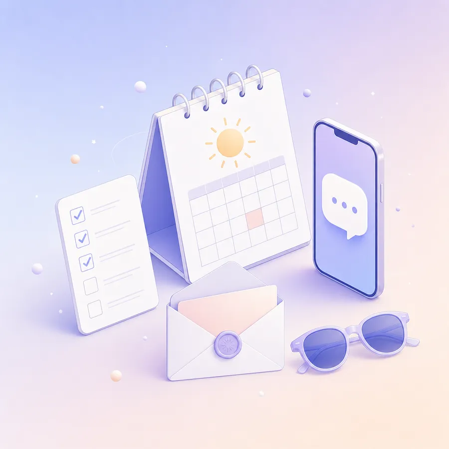 A summer calendar with a sun, a phone showing a message bubble, a checklist with two boxes left empty and an opened sealed envelope