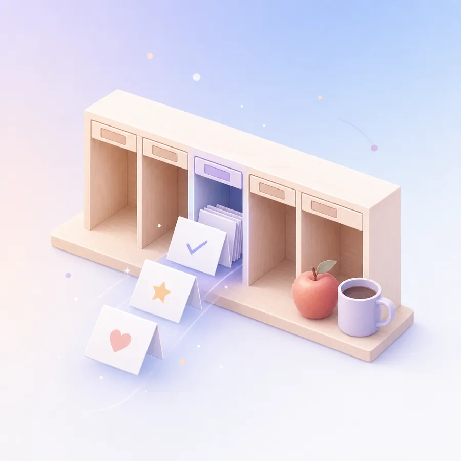 Thank-you cards marked with a heart, a star and a check sliding into a staff mailbox cubby beside an apple and a mug
