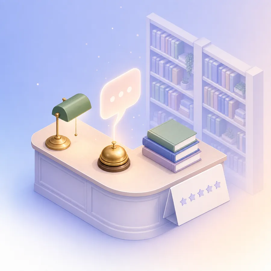 A library help desk with a service bell, a desk lamp and a stack of books, and a folded rating card standing at its front edge