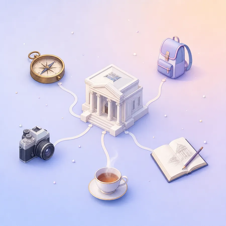 Five paths leading to a museum entrance, starting from a compass, a small backpack, a camera, a sketchbook and a teacup