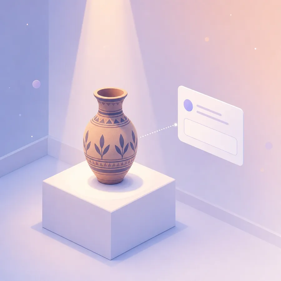 A vase on a softly lit plinth linked by a dotted line to a survey card with an open answer box