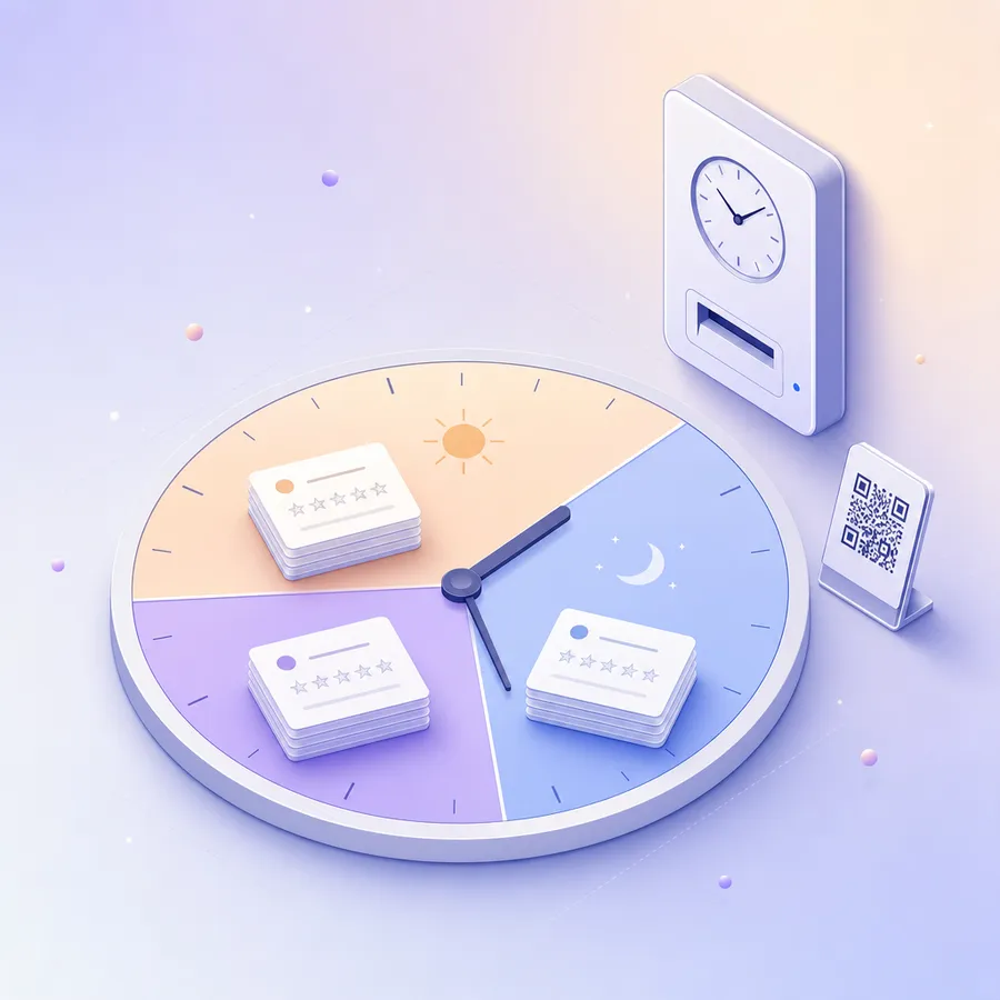 A clock face split into day, evening and night shifts, each holding a small stack of survey cards, beside a time clock with a QR code stand