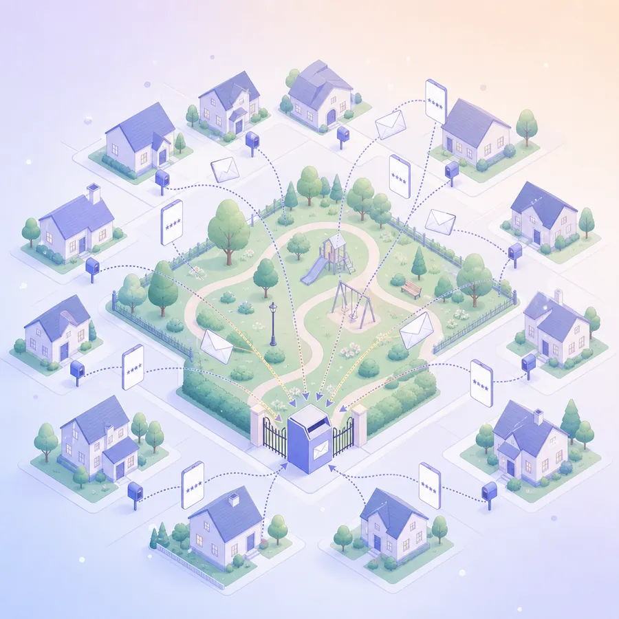 Houses around a small park, with survey envelopes travelling along dotted lines from homes near and far to a collection box at the park gate