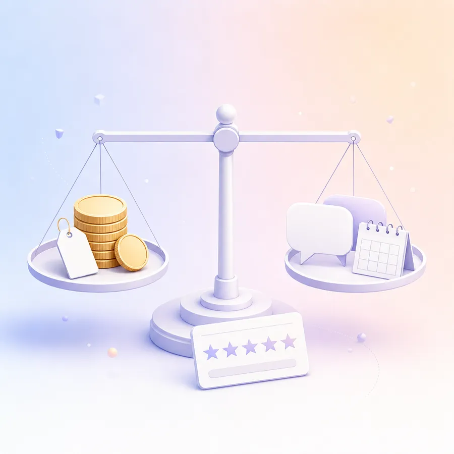 A level balance scale with coins and a price tag on one pan and two speech bubbles and a calendar card on the other, with a star rating card at its base